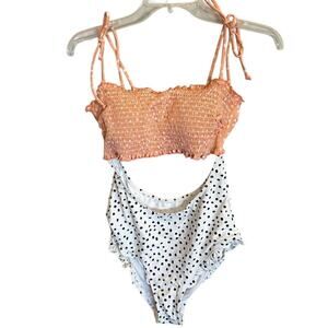 Luci Women's Polka Dot Ruffled Smocked Cut Out One Piece Swimsuit M